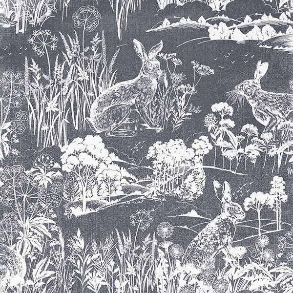 Hattie Navy Meadow Hare Wallpaper