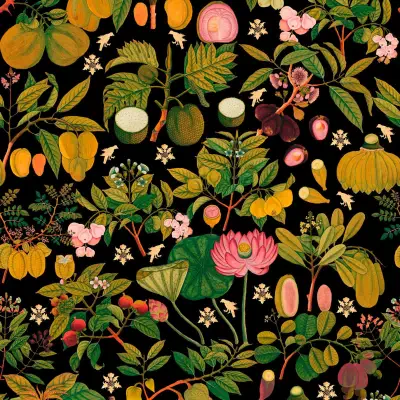 ASIAN FRUITS AND FLOWERS Anthracite Green, Black, Pink