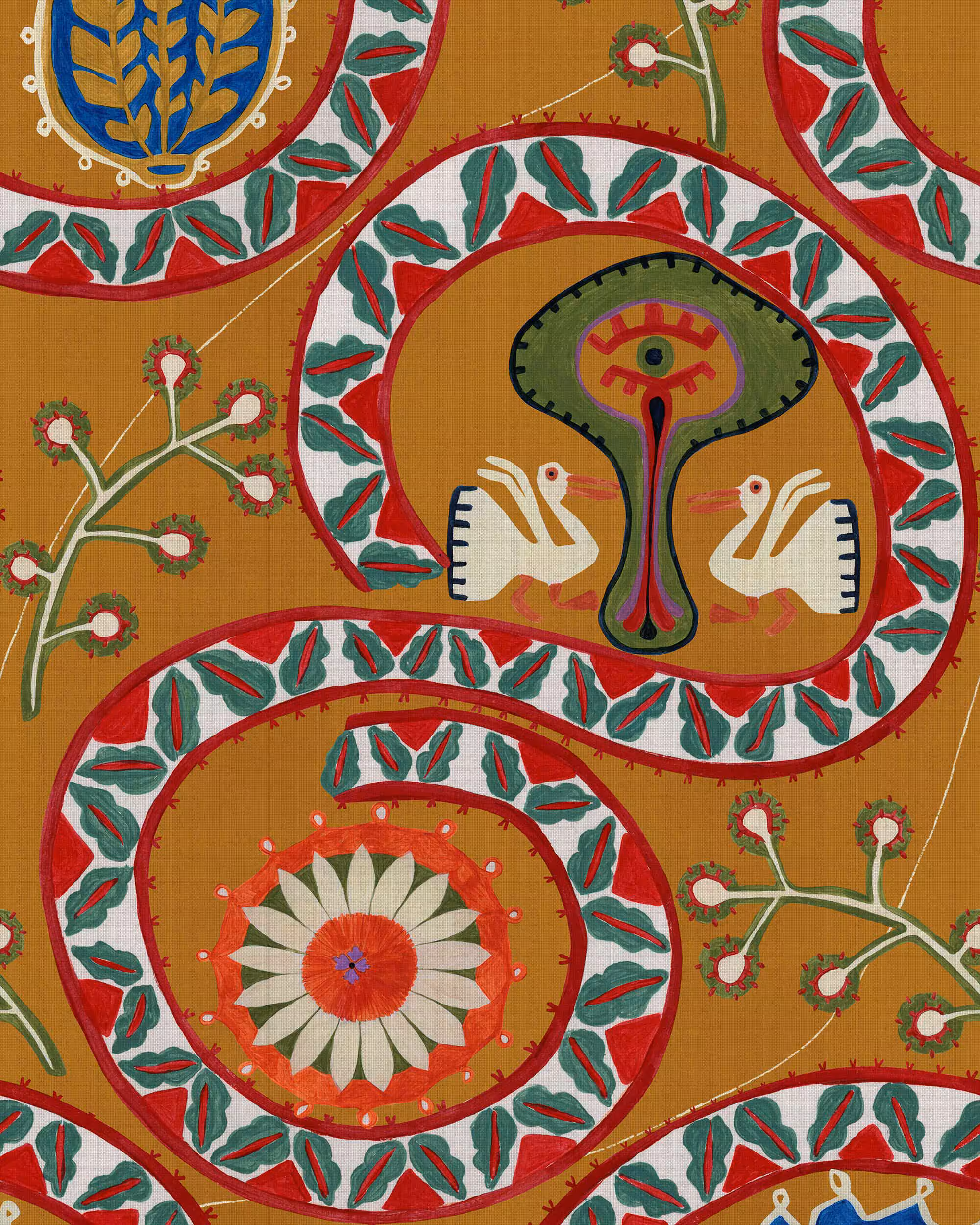 Two Storks Ochre Wallpaper