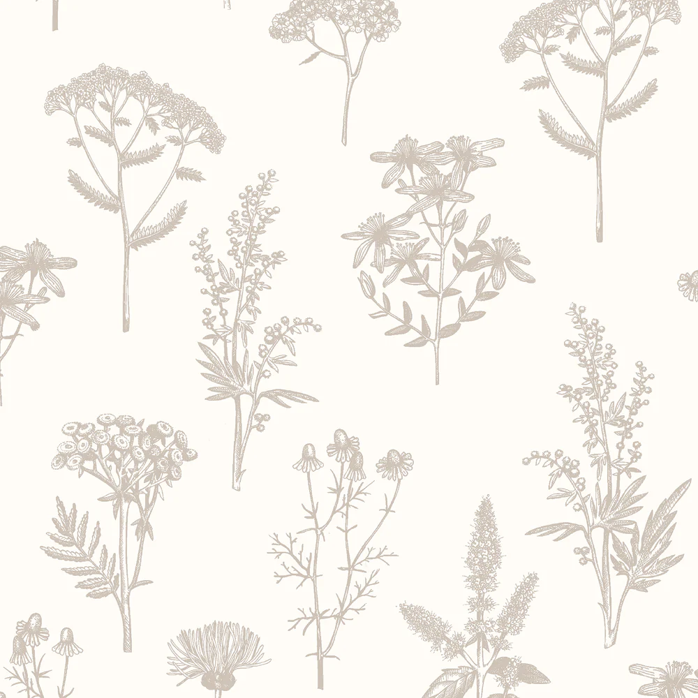 Luminous Botanical Sketch Metallic Silver Wallpaper