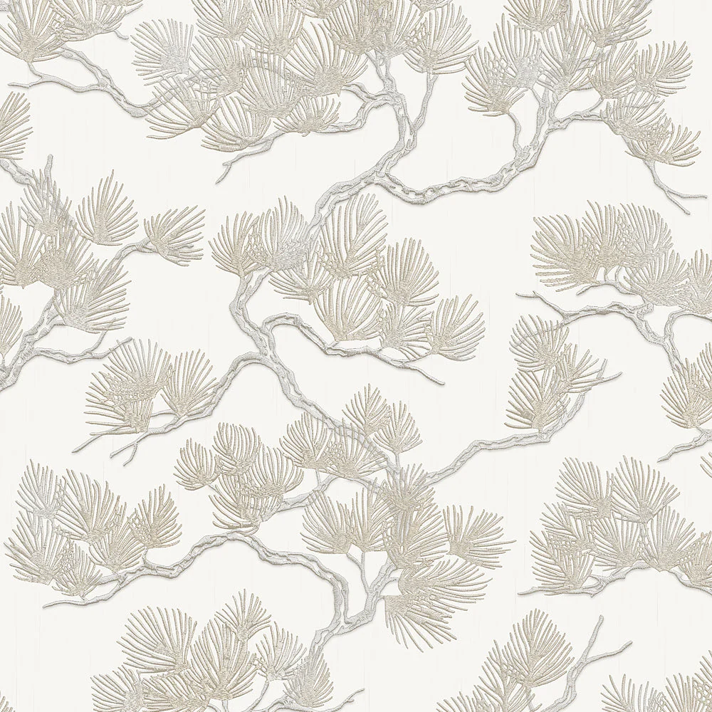 Embroidered Pine Tree Beige Wallpaper