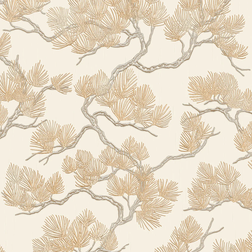 Embroidered Pine Tree Gold Wallpaper