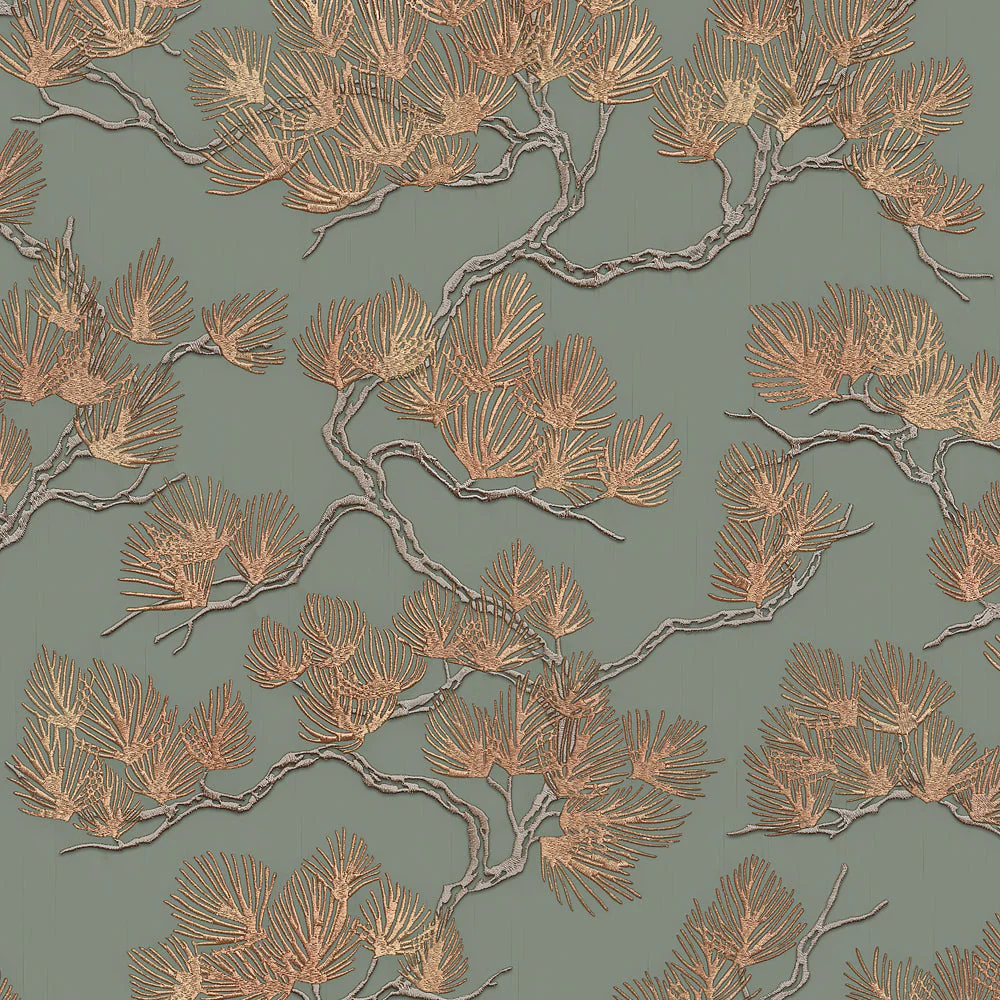 Embroidered Pine Tree Sage Wallpaper