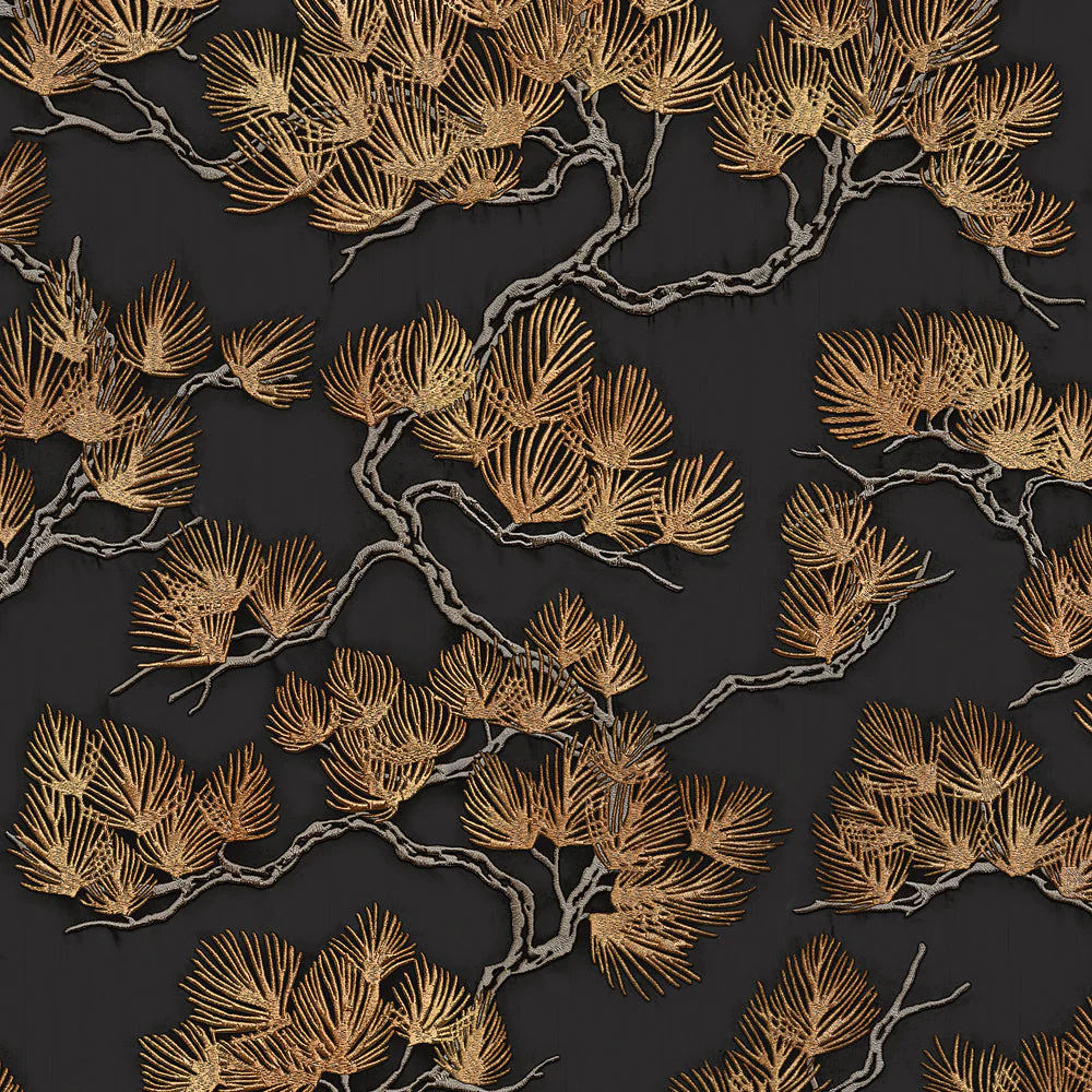 Embroidered Pine Tree Black Wallpaper