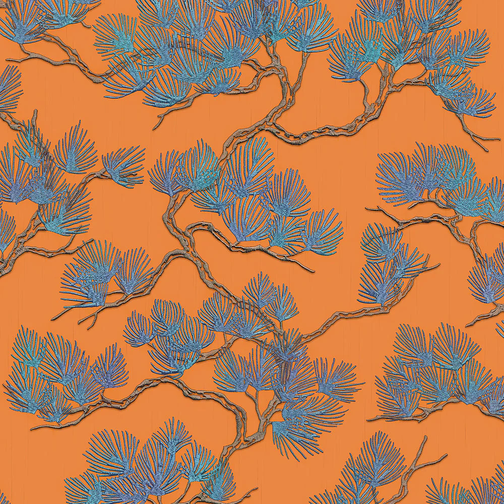 Embroidered Pine Tree Orange Wallpaper