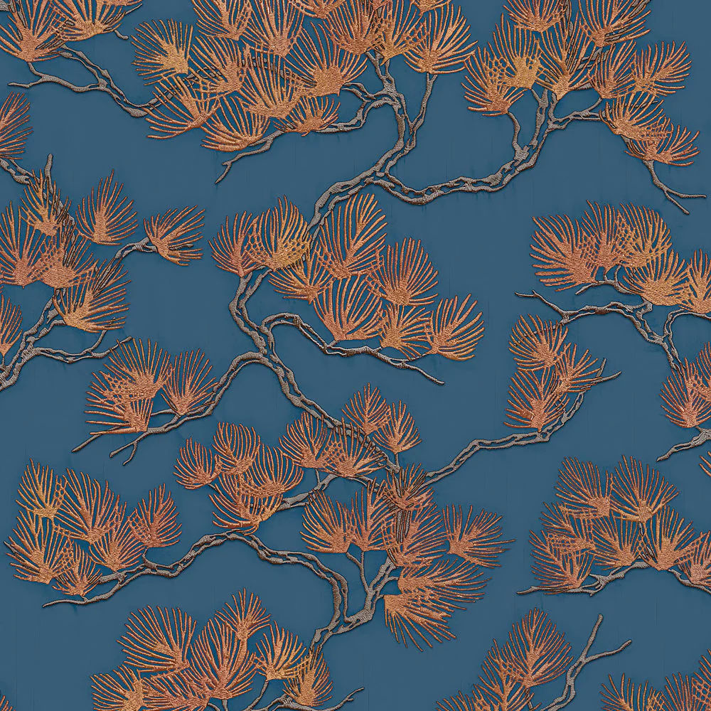 Embroidered Pine Tree Blue Wallpaper