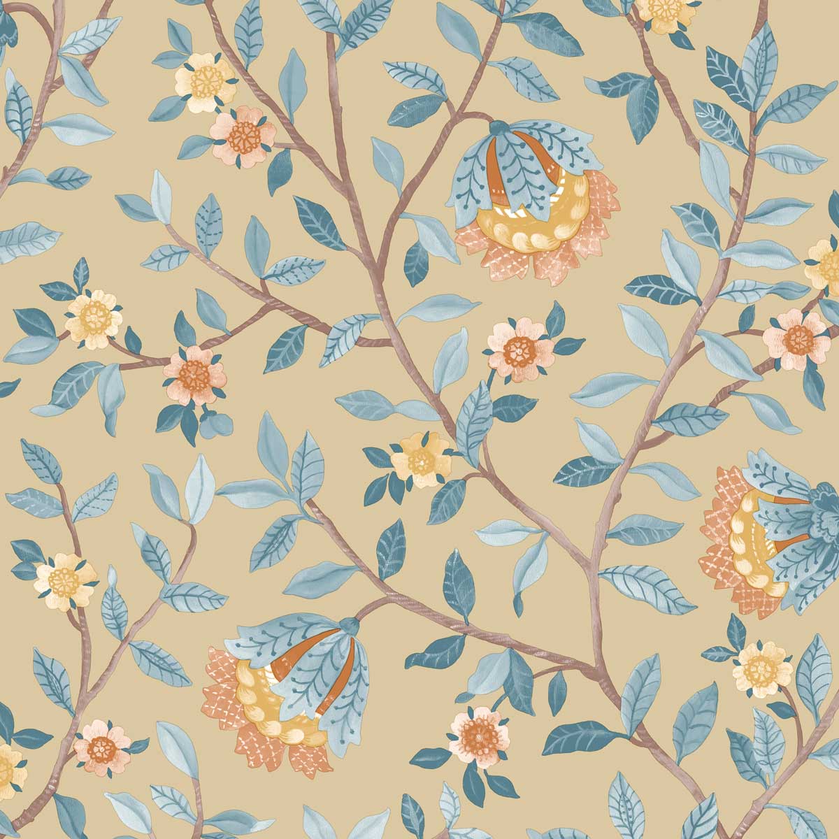 Vintage Botanical Blooms Blue and Yellow Wallpaper
