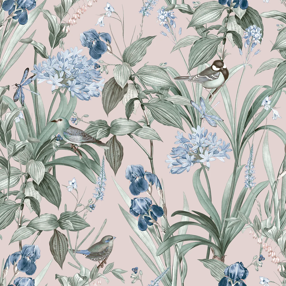 Mint Birds and Dragonflies Botanical Pink Wallpaper