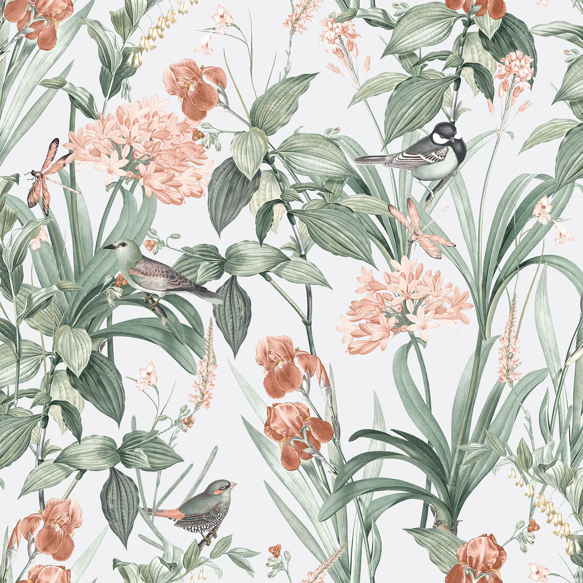 Mint Birds and Dragonflies Botanical Light Green Ground Wallpaper