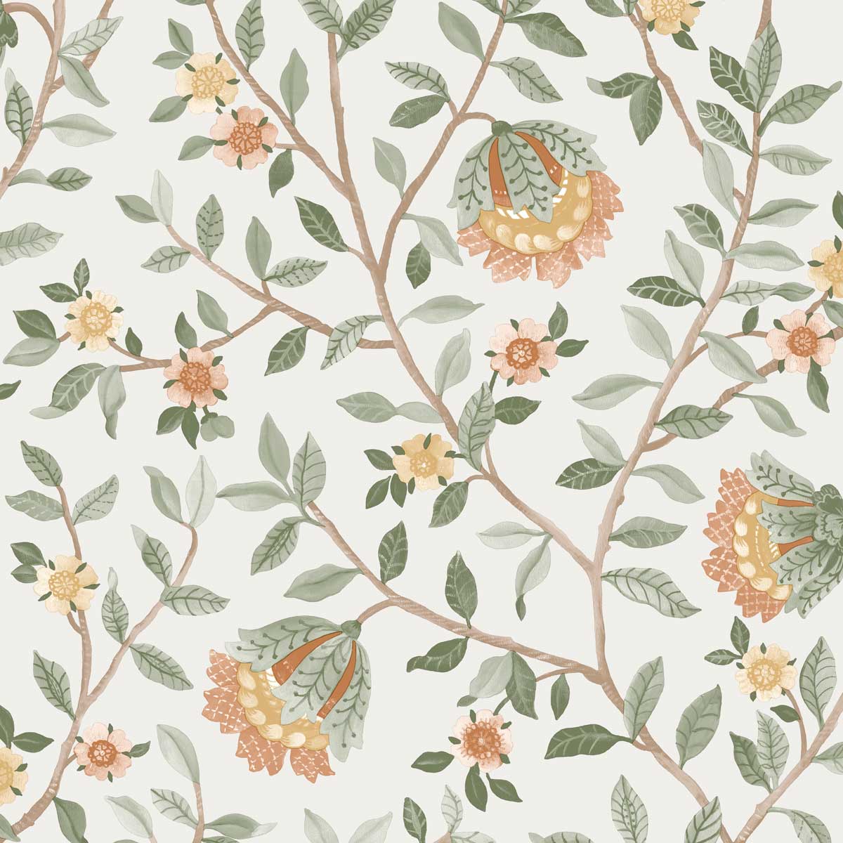 Vintage Botanical Blooms Green and Pink Wallpaper