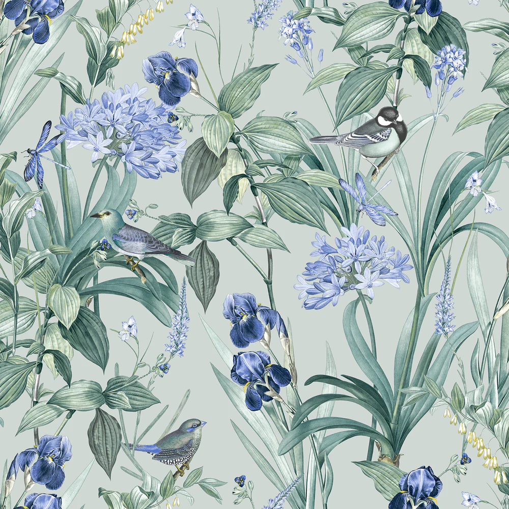 Mint Birds and Dragonflies Botanical Celadon Green Wallpaper