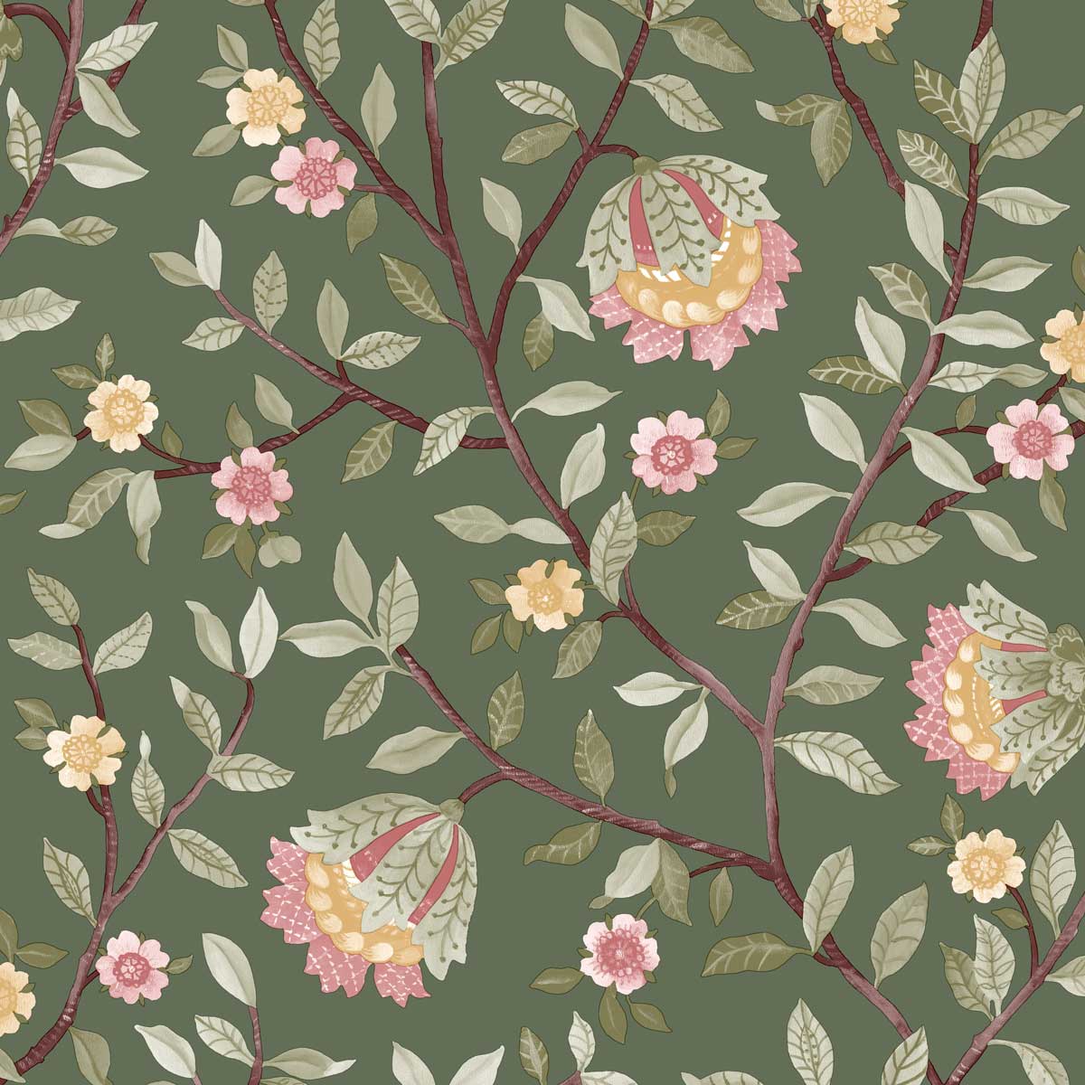 Vintage Botanical Blooms Forest Green Wallpaper