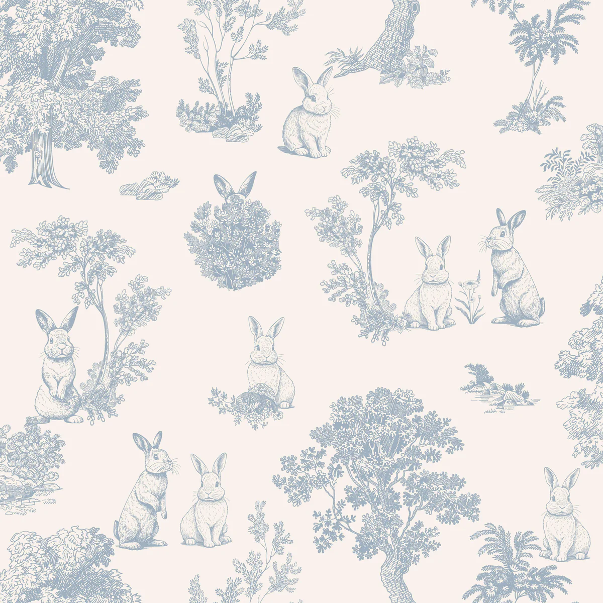 Cottontails Bunny Toile Blue Wallpaper