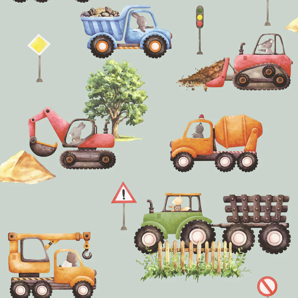 Little Builders Greenish Grey Wallpaper