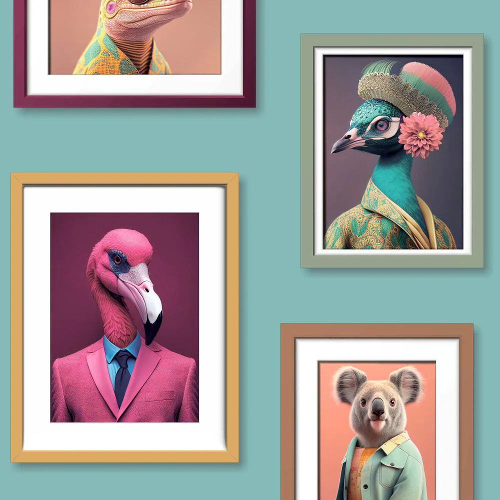 Funky Animal Portaits Green Ground Wallpaper