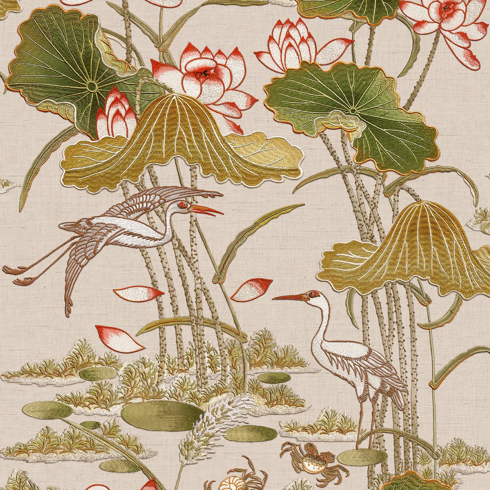 Lotus Pond Tapestry Beige Wallpaper
