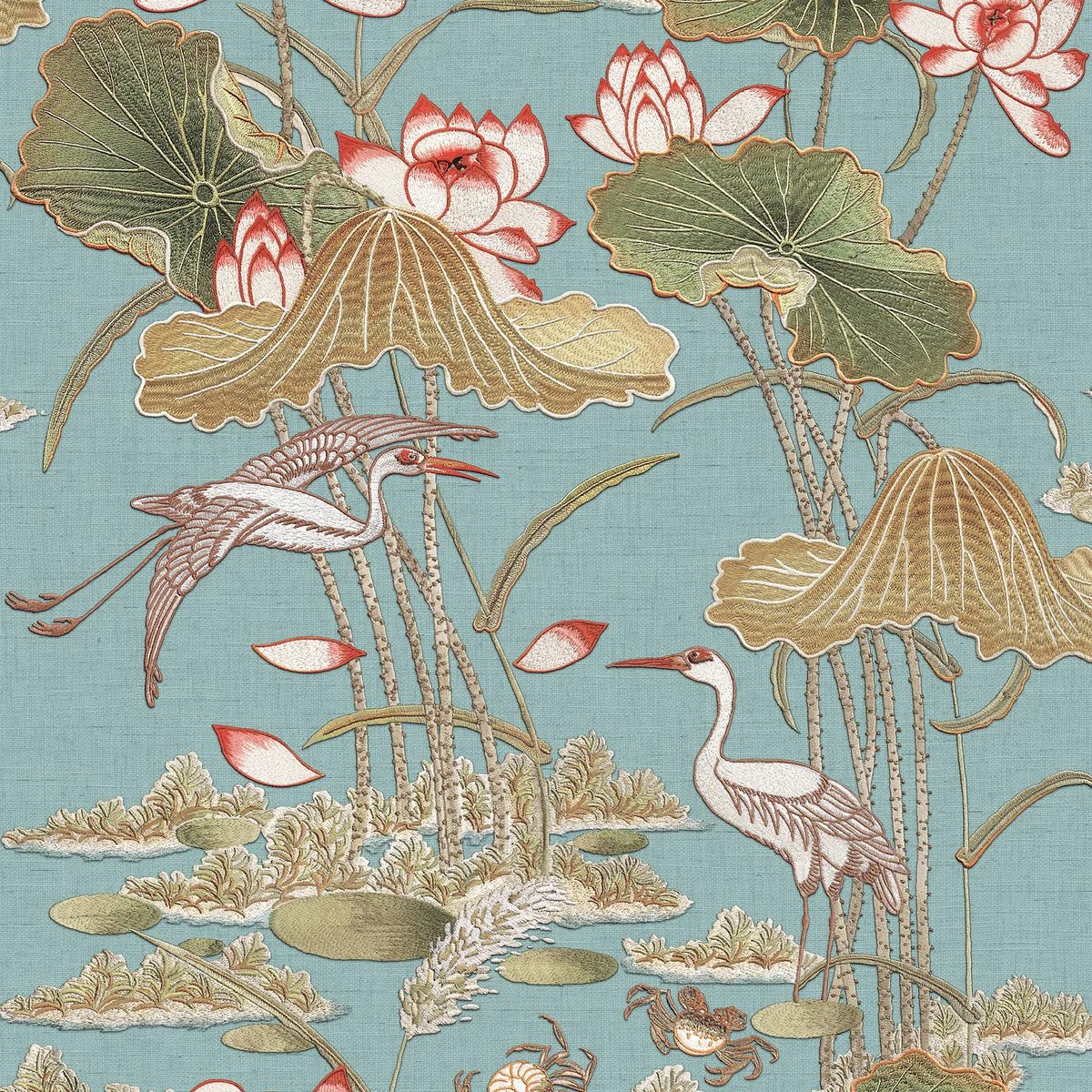 Lotus Pond Tapestry Teal Wallpaper