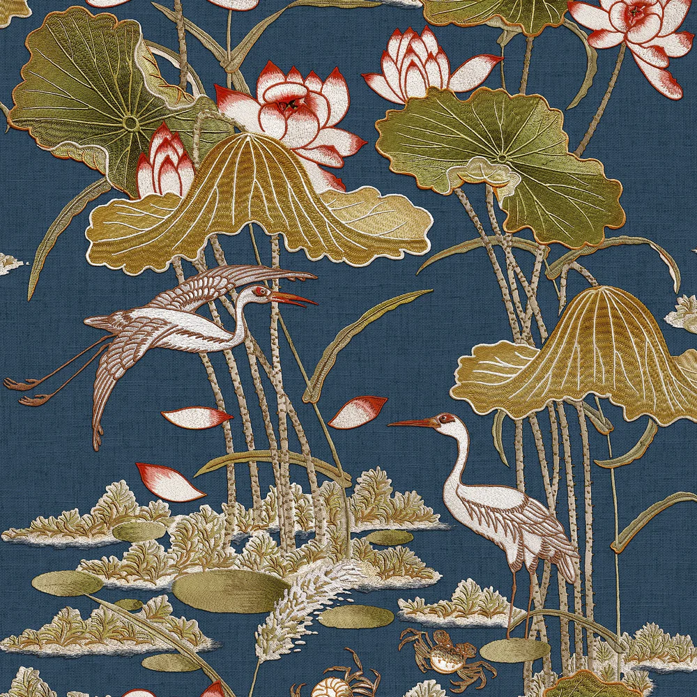 Lotus Pond Tapestry Navy Wallpaper