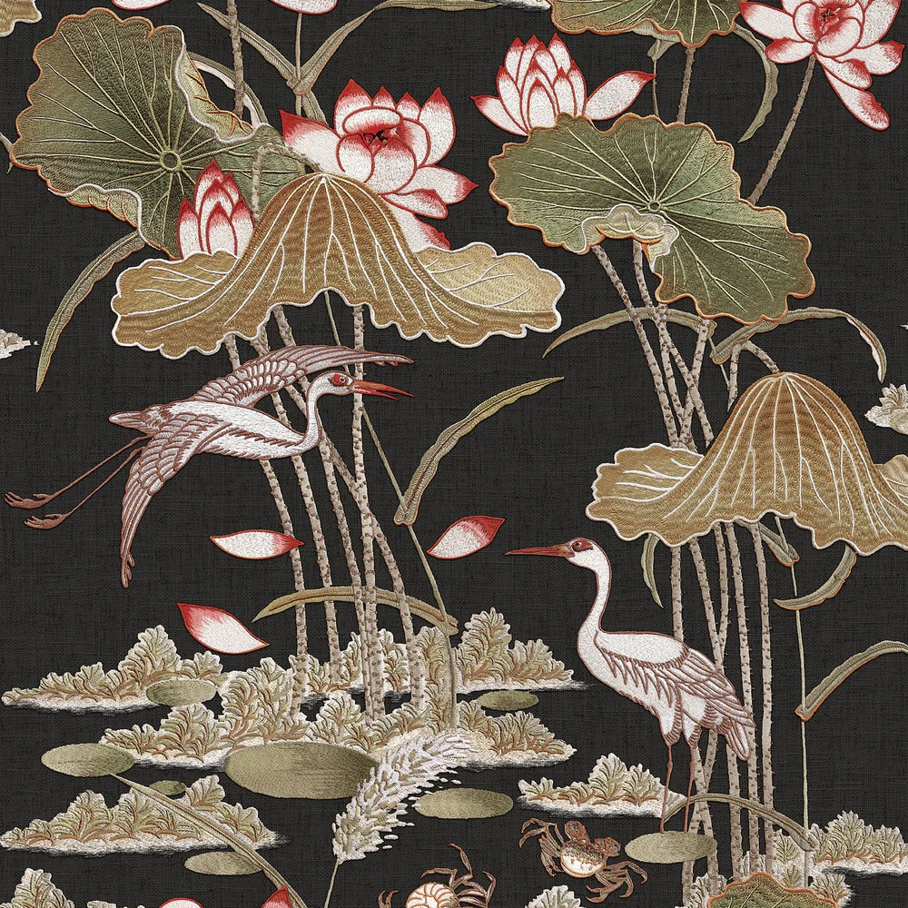 Lotus Pond Tapestry Black Wallpaper