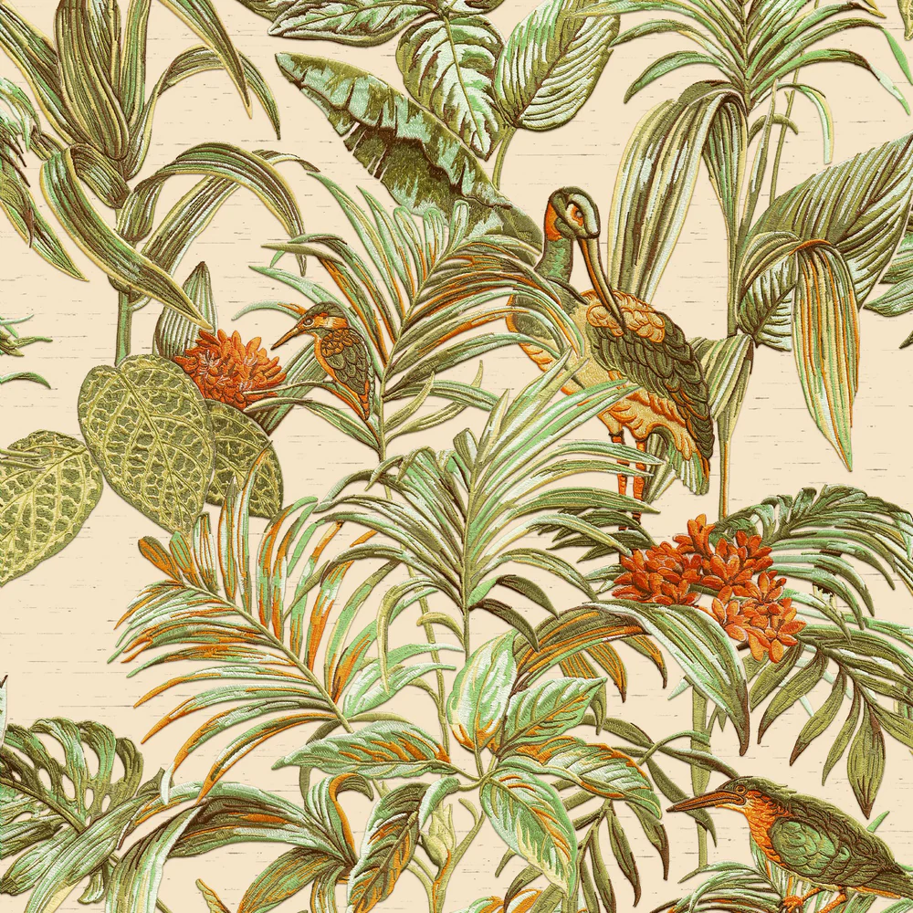 Bird of Paradise Green and Beige Wallpaper