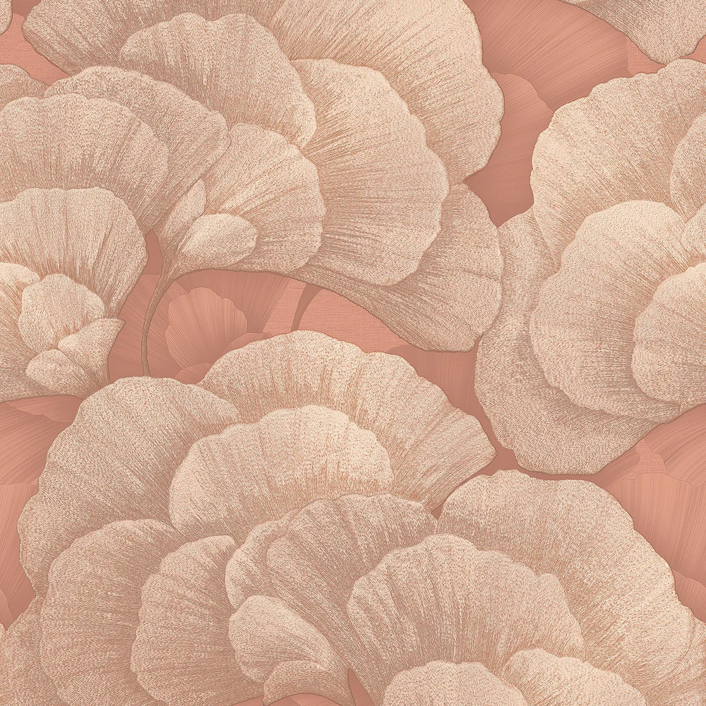 Embroidered Ginkgo Coral Wallpaper