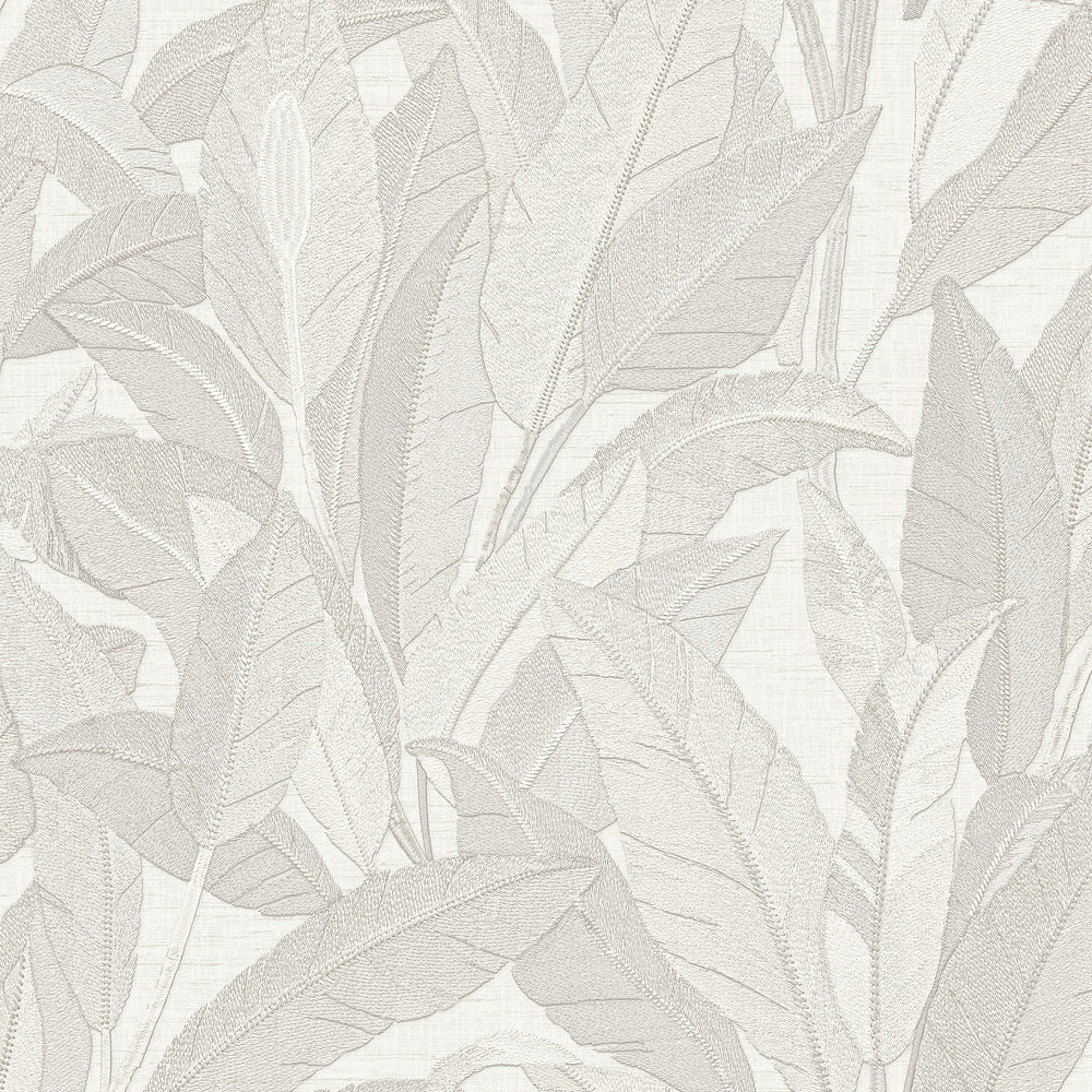 Embroidered Tropical Foliage White Wallpaper