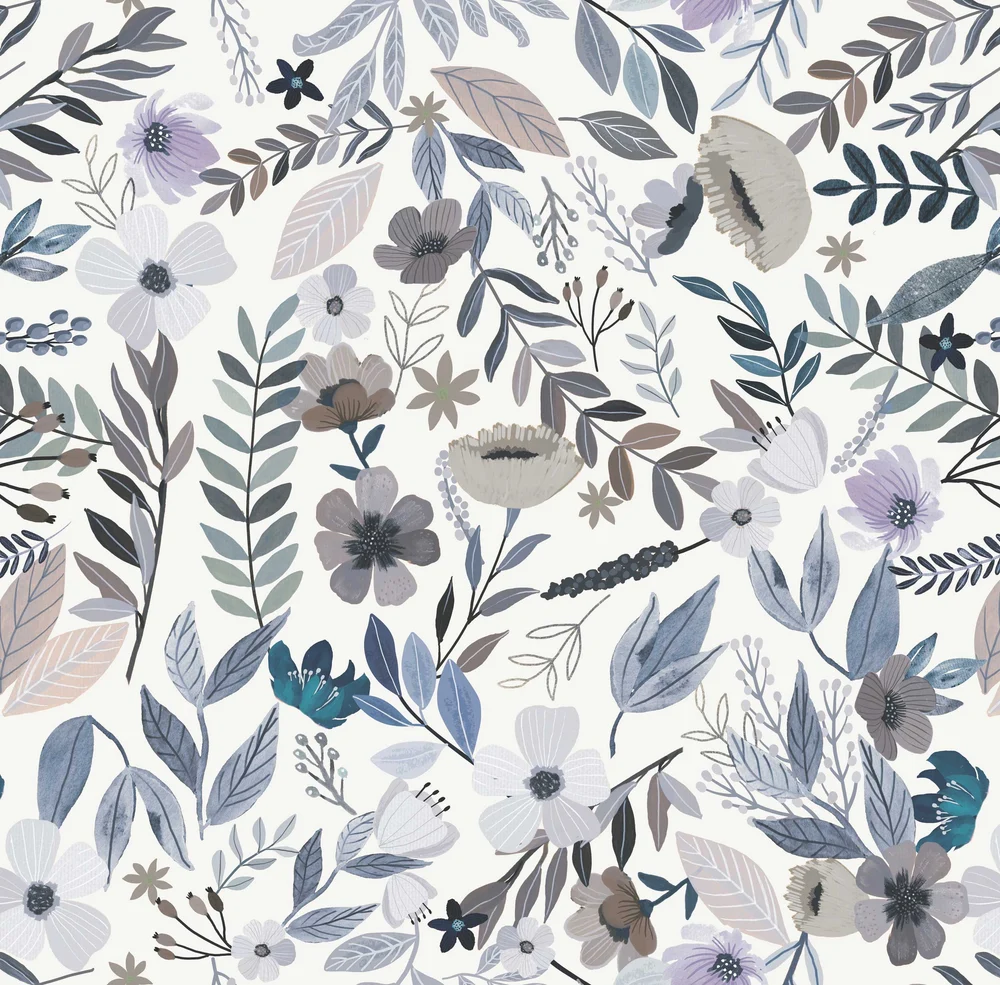 Emilie Floral Grey & Blue Peel & Stick Wallpaper 