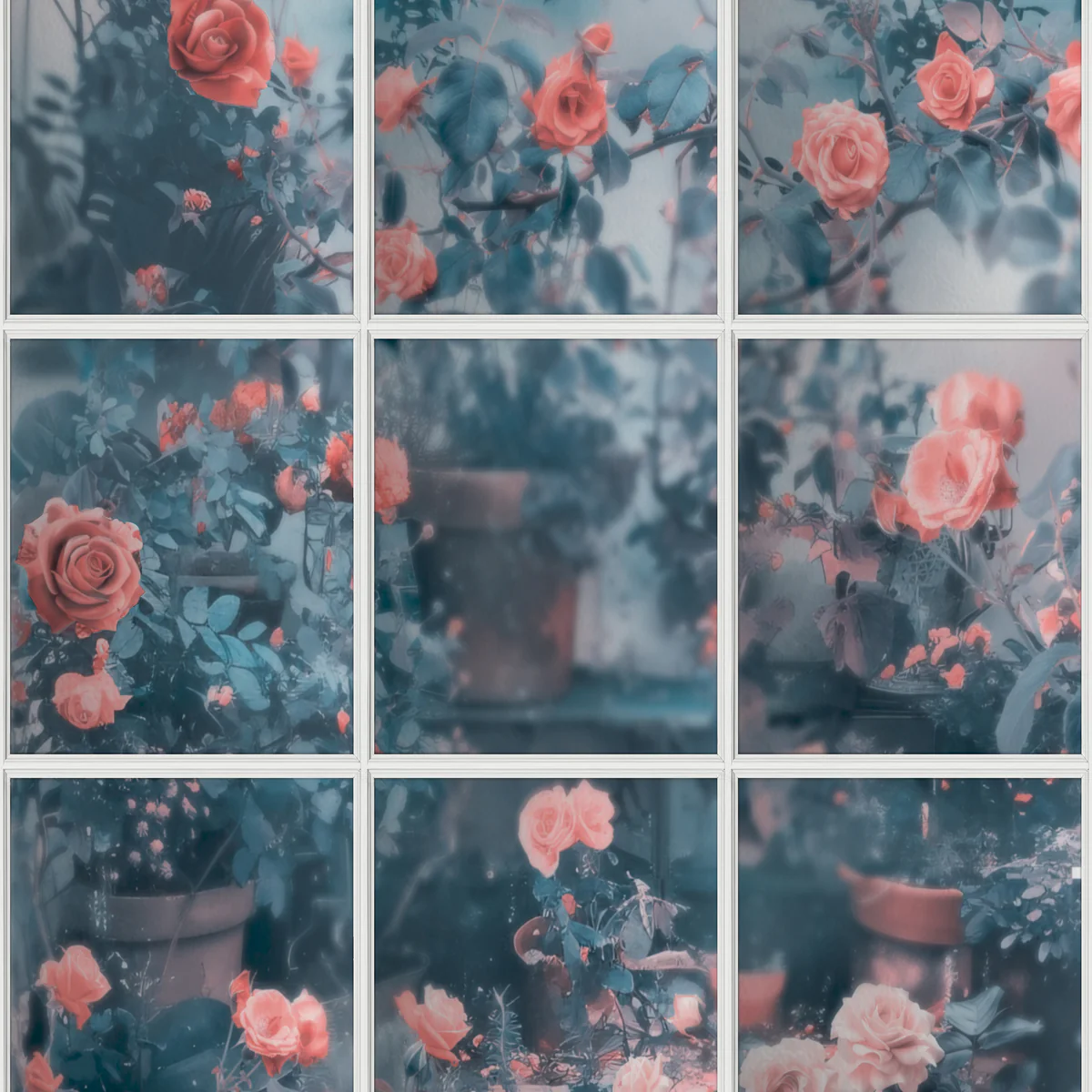 Rose Garden Window Trompe L'Oeil Blue Wallpaper