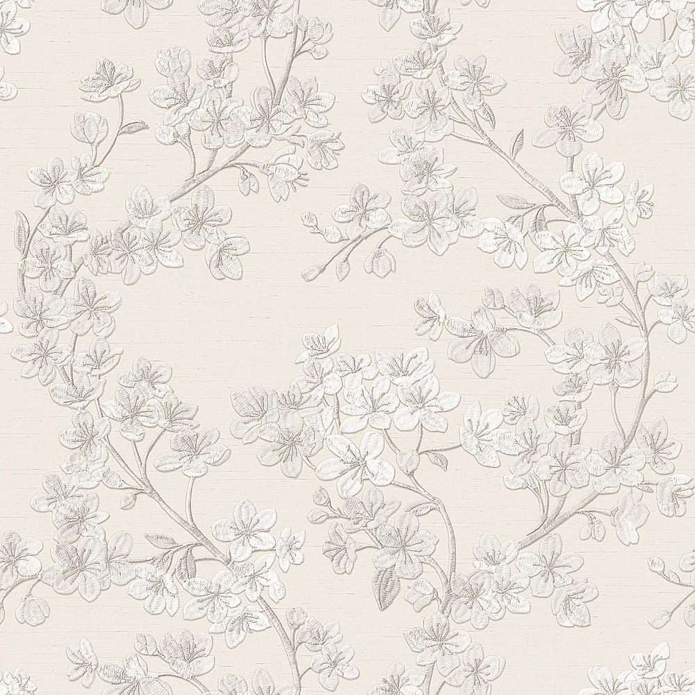 Embroidered Cherry Bloom Silver Wallpaper