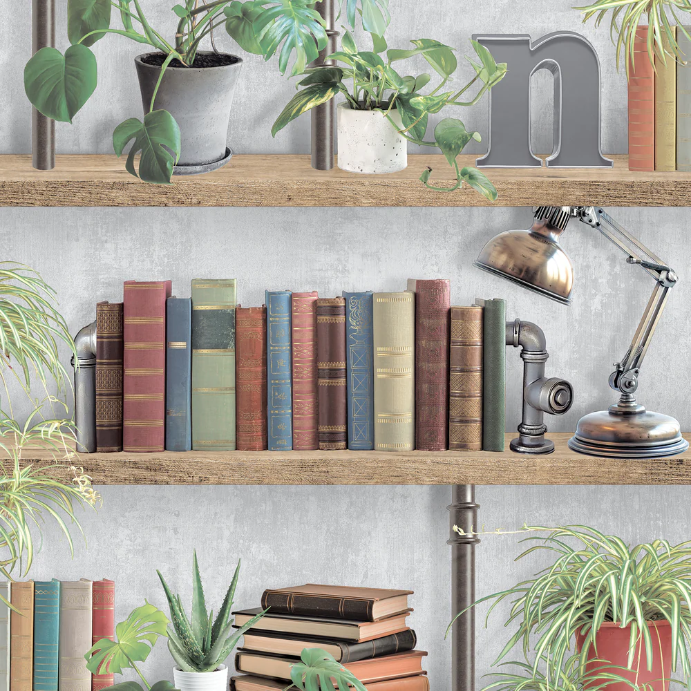 Industrial Book Nook Gray Wallpaper