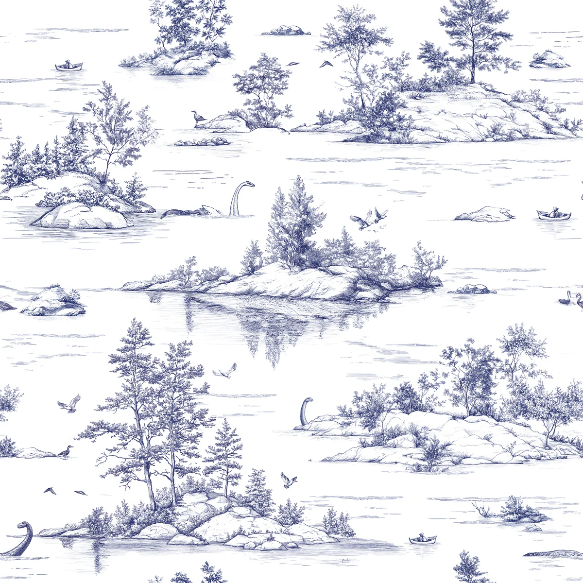 Nessie Novelty Toile Blue Peel and Stick Wallpaper
