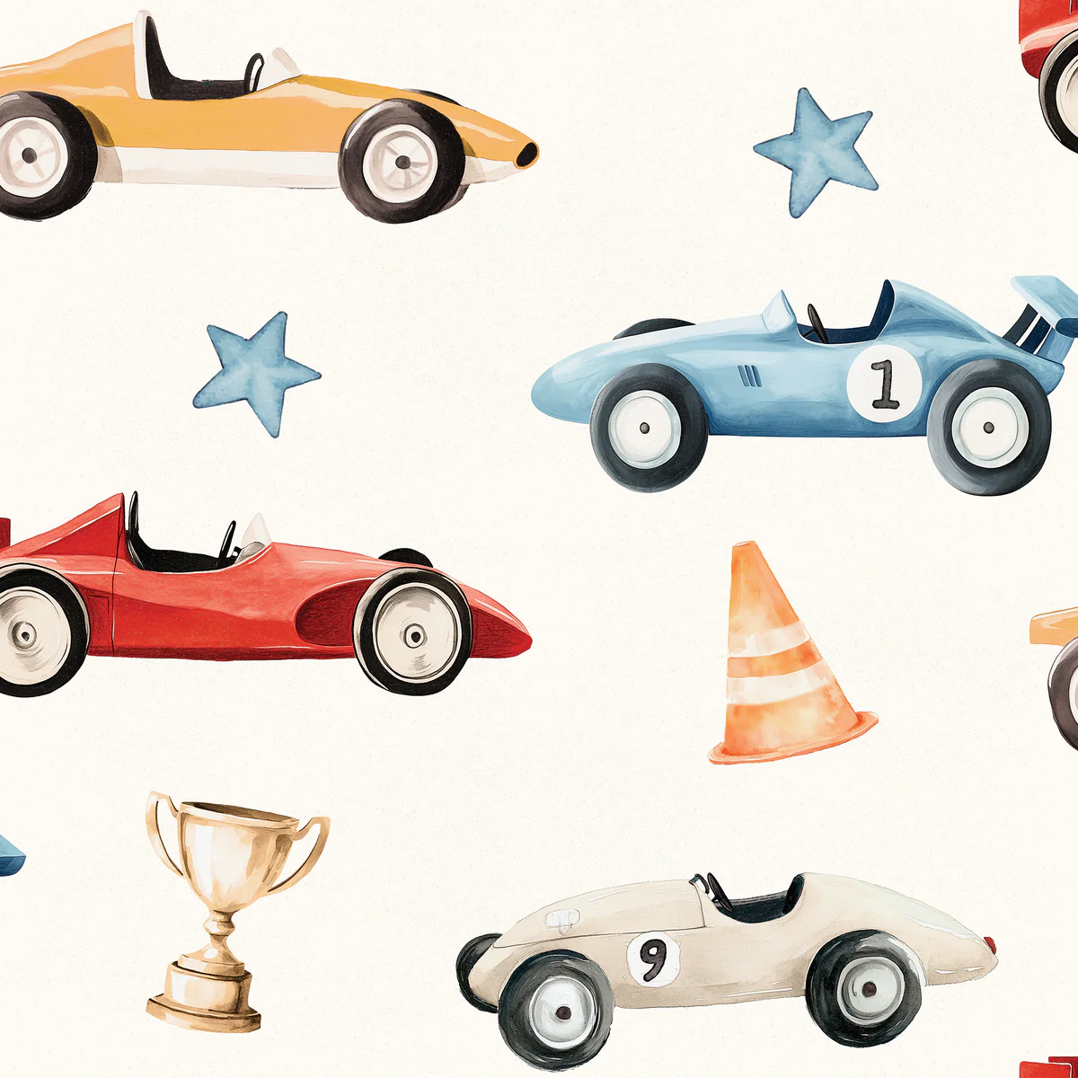 Vintage Race Cars Cream Peel and Stick Wallpaper