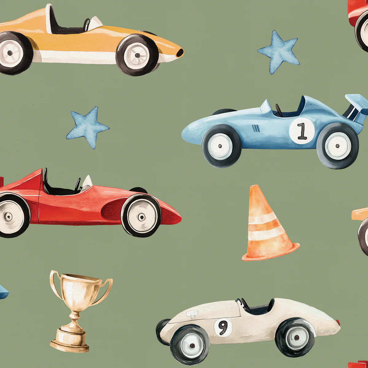 Vintage Race Cars Green Peel and Stick Wallpaper
