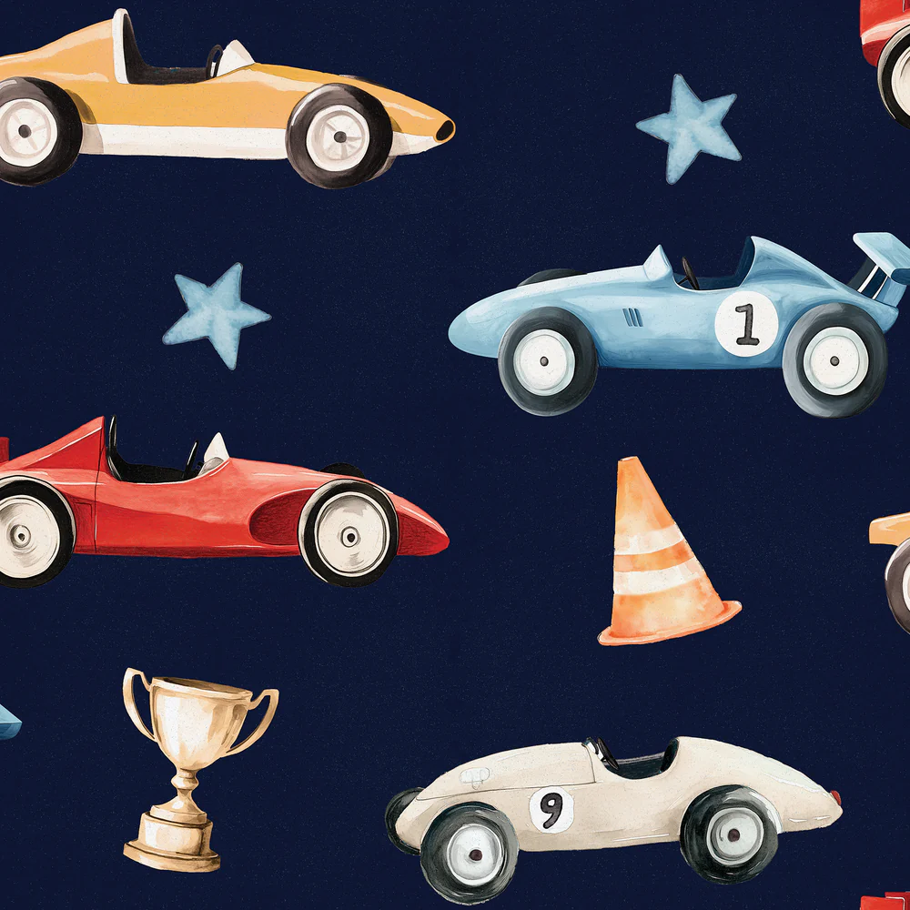 Vintage Race Cars Navy Peel and Stick Wallpaper