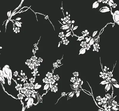 Black & White Imperial Blossoms Branch Wallpaper