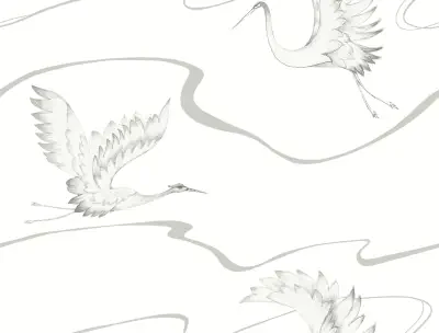 Soaring Cranes White & Silver Wallpaper