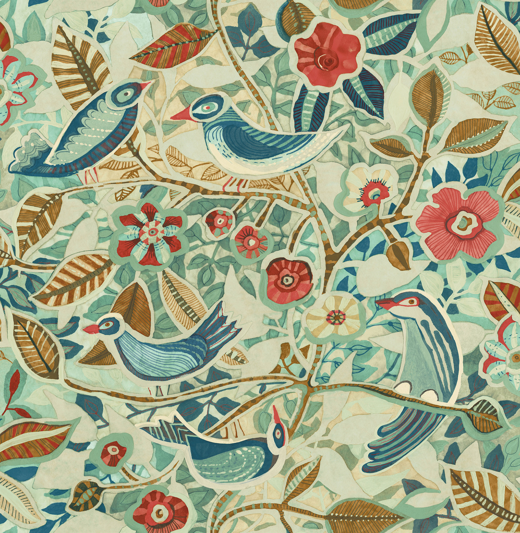 Manette Turquoise Birds in the Bush Wallpaper