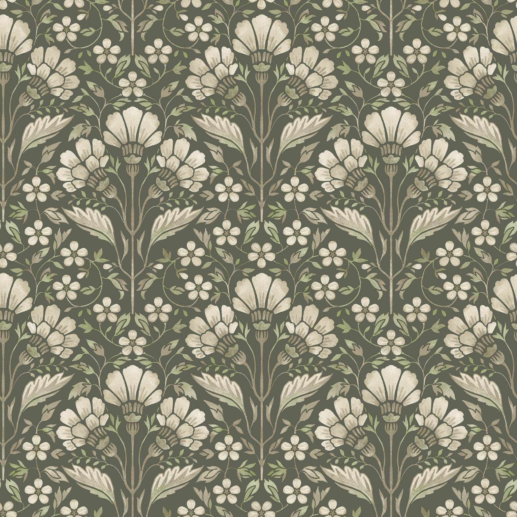 Edith Green Floral Damask Wallpaper