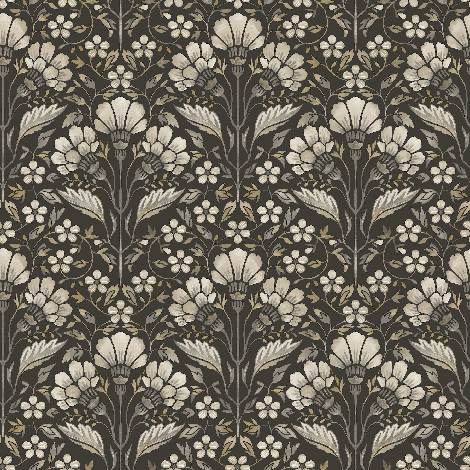 Edith Black Floral Damask Wallpaper
