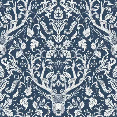 Kiwassa Navy Antler Damask Wallpaper