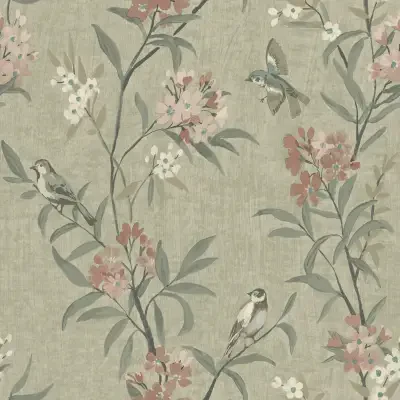Tea Olive Green Finch Frolic Wallpaper