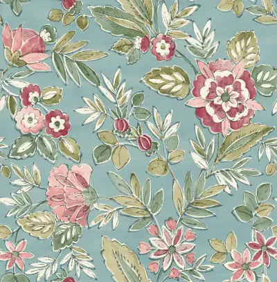 Begonia Teal Floral Trail Wallpaper
