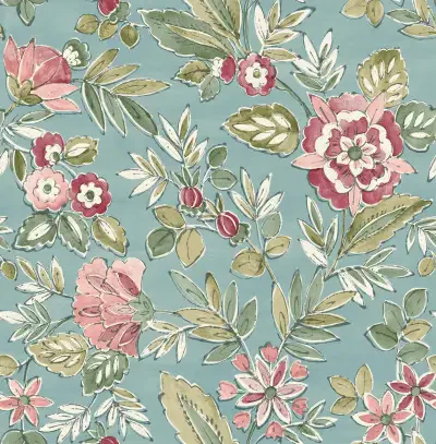 Begonia Teal Floral Trail Wallpaper