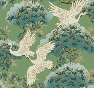 Sprig & Heron Green Wallpaper
