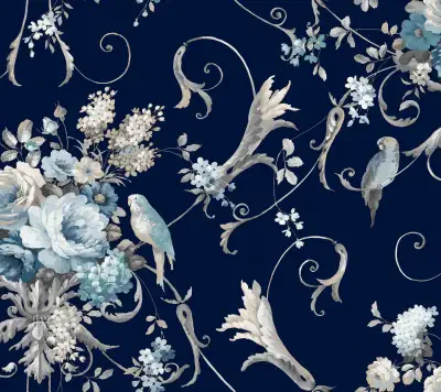 Parrots with Floral Bouquets Navy Peel & Stick Wallpaper